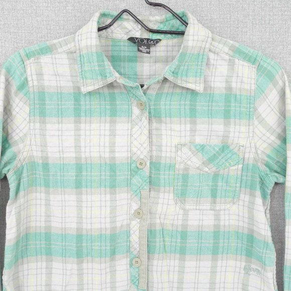 Volcom Shirt Women Small Green Plaid Flannel Long Sleeve Button Front Collared - Picture 2 of 9
